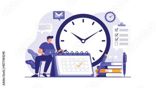 Professional manages his time and tasks using a large wall clock, desktop calendar, and a project checklist.