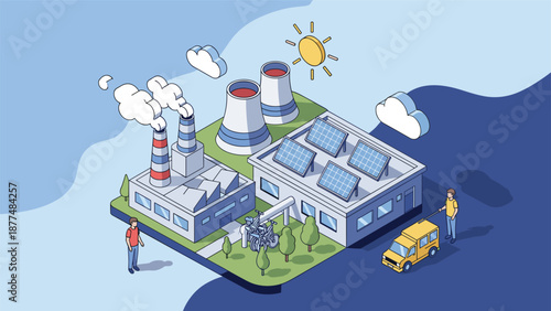 Contrast between traditional industrial factories with smoke and modern buildings using solar panels and green energy.