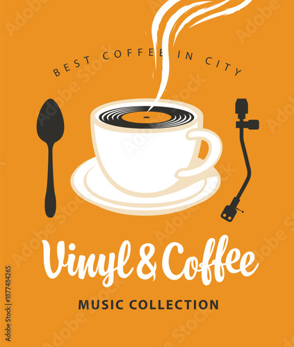 Vector banner for vinyl record store or menu for retro music restaurant, cafe with old vinyl record, cup, spoon, record player and lettering on light background in vintage style. No ai