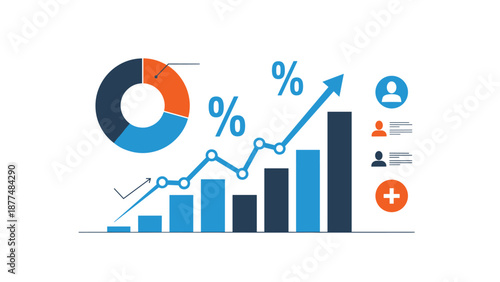 Marketing success and audience growth are shown by a rising bar chart, percentage symbols, and user profile icons.