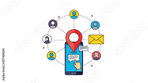 Social networking and mobile connectivity are represented by a smartphone linked to people icons and a location pin.
