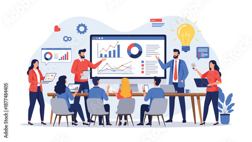 Diverse professional team collaborates on business strategy during a meeting around a large table with data displays.