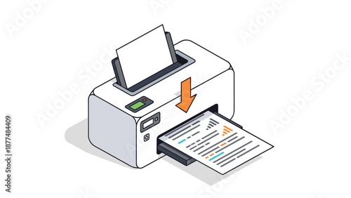 Modern office printer produces high quality color documents with professional business charts and data reports.