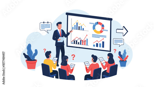 Business coach delivers a training presentation to a professional audience using data charts on a projection screen.