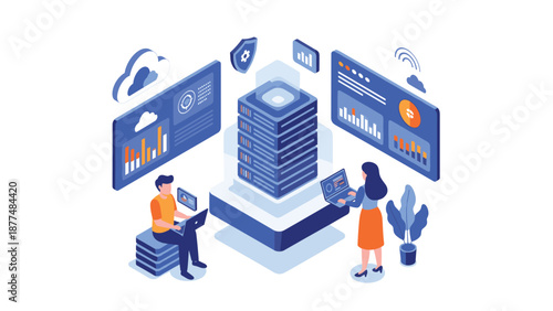 IT professionals manage cloud database servers and monitor network security on multiple digital dashboard screens.