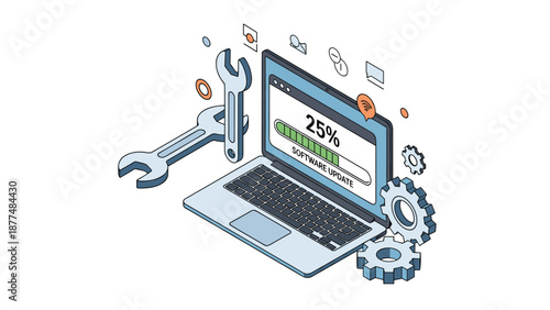 Software update progress on a laptop with maintenance tools and gear icons representing system optimization and repair.