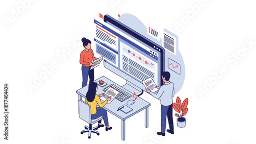 Creative design team works on website development and user interface layout on a large computer screen in a studio.