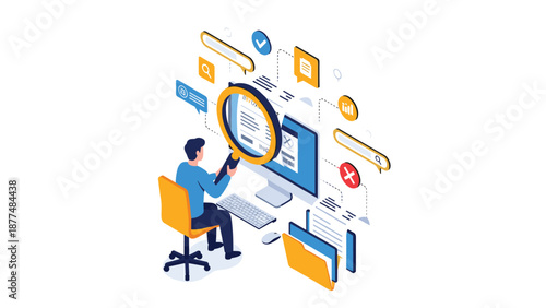 Document auditing and data search concept with a professional analyzing financial files on a computer with a magnifying glass.