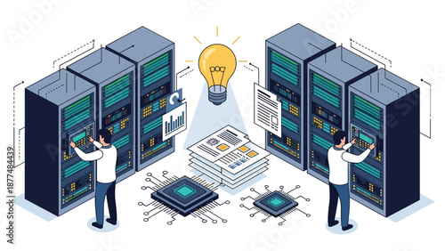 Technicians maintain a high performance server room with bright ideas for innovative data storage and infrastructure.
