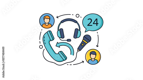Customer support and communication service concept with headset, phone, microphone, and around the clock availability.