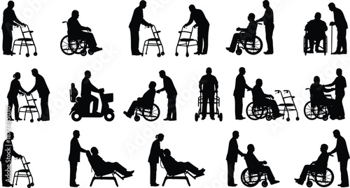 Elderly and disabled people silhouettes set, person in wheelchair, walker and mobility scooter icons for healthcare, nursing home and disability.