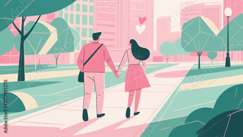 Illustration Of Romantic Couple Holding Hands, Walking In City Park, Soft Sunlight, Valentine’s Day Mood Vector Design Template
