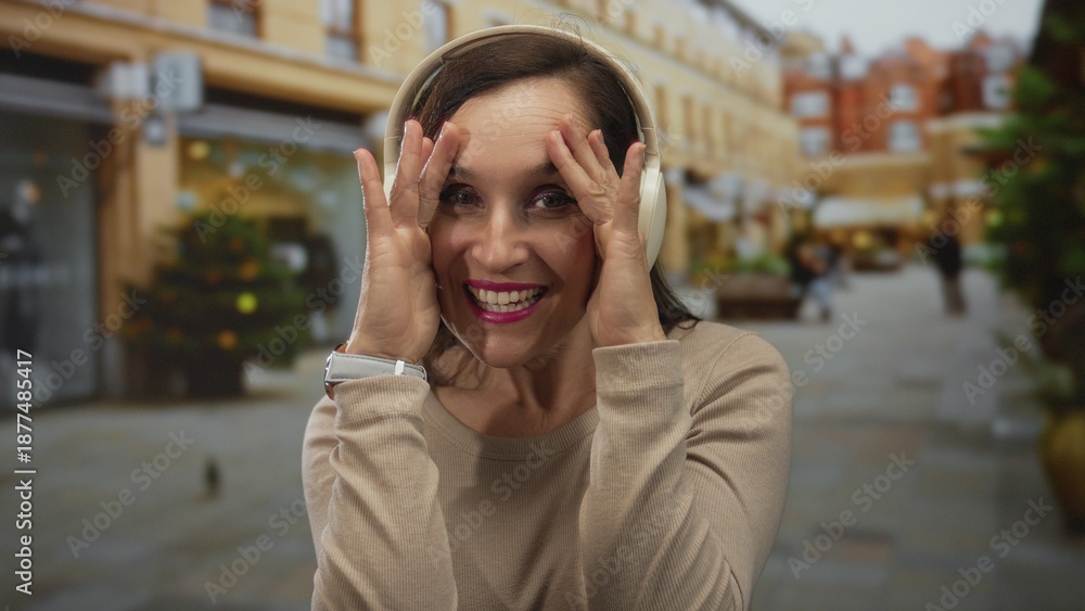 Fototapeta premium Young hispanic woman with white headphones covers face with both hands on busy downtown street; playfulness joy curiosity.