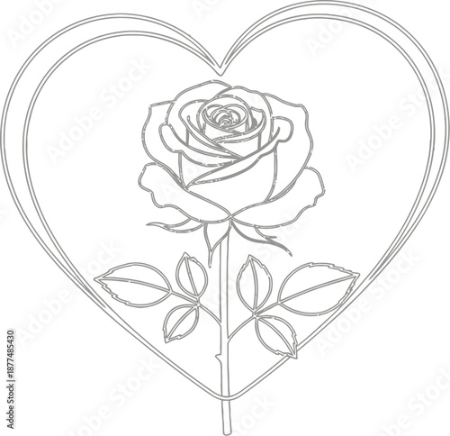 Delicate black line art illustration depicts a beautiful single rose stem centered perfectly inside a gracefully shaped heart outline against a bright white background