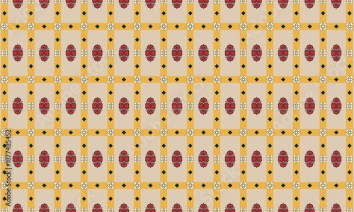 Vibrant geometric pattern with red, yellow, and white shapes on a beige background, creating a lively and dynamic visual effect.