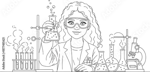 Young female scientist or chemist with curly hair wearing safety goggles holds up a bubbling Erlenmeyer flask during laboratory experiment for coloring book page design illustration