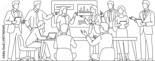 Diverse team of professionals engaging in a dynamic business meeting while presenting data charts and discussing strategy near a whiteboard illustration