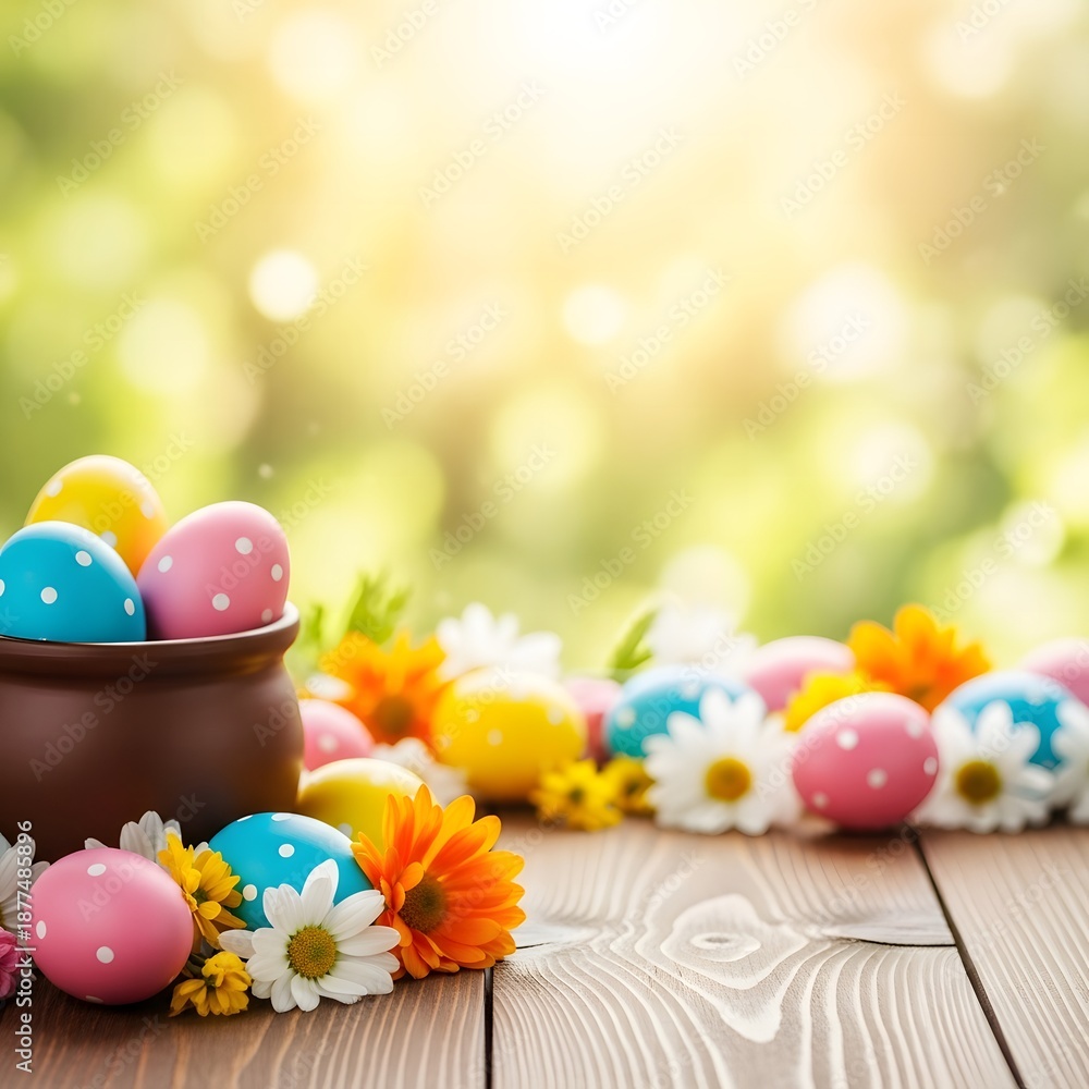 Fototapeta premium Easter sunday celebration with colorful eggs and flowers on wooden table