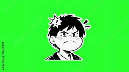 A cute, black-and-white anime-style sticker of a boy with a grumpy, puffed-out face and an exclamation mark, isolated on a green screen.
