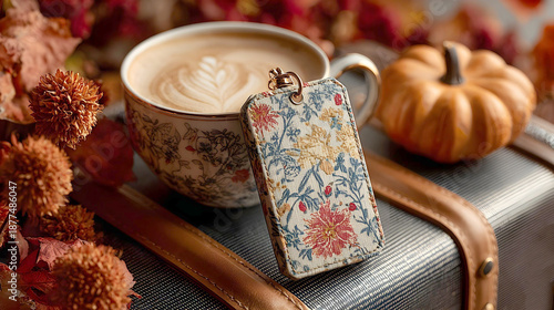 A floral-patterned luggage tag rests against a creamy latte in a vintage teacup, accompanied by a small orange pumpkin and dried autumn leaves on a textured grey suitcase