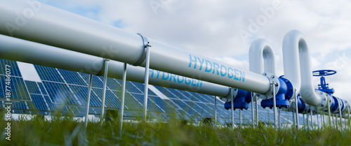 hydrogen pipeline of energy sector toward to ecology,carbon credit,Clean Energy,secure,carbon neutral,transformation,H2,solar power plant and energy sources balance to replace natural gas.3d rendering
