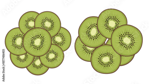 Two large round groups of many overlapping fresh green kiwi fruit slices showing the vibrant centers and black seeds inside.