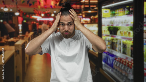Young arab hispanic man holding head with both hands in busy restaurant building; stress shopping mishap.