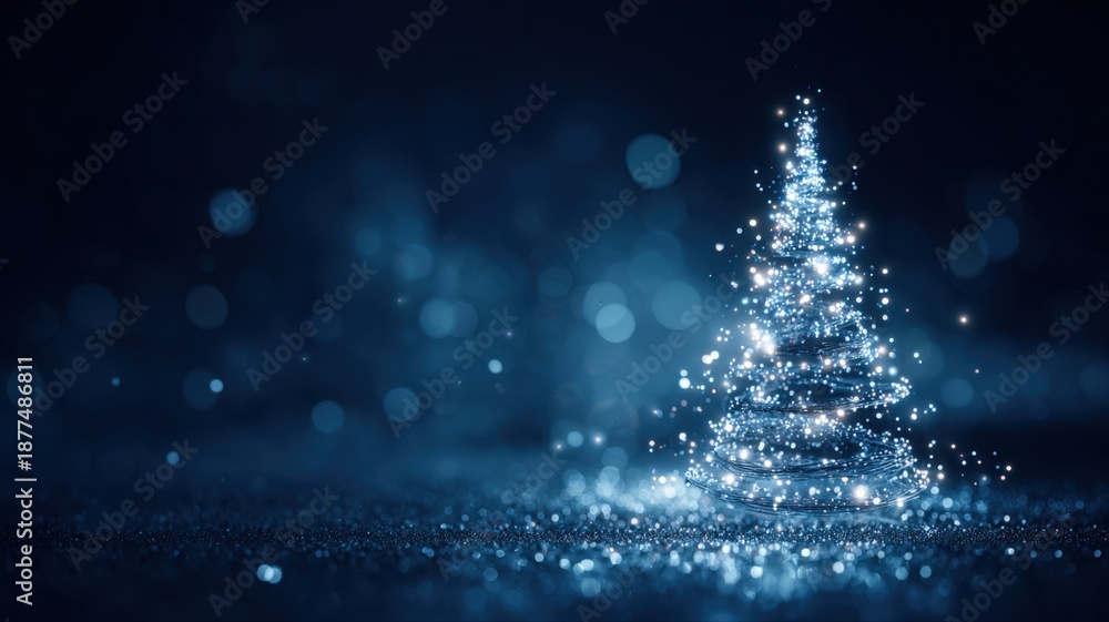 Fototapeta premium Elegant Christmas Tree Sparkles Against a Dark Blue Backdrop, Creating a Festive Holiday Atmosphere