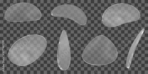 3d glass transparent oval, rounded shape element with different angles. Realistic circle figure. Y2k abstract element. Stock vector illustration on isolated background.