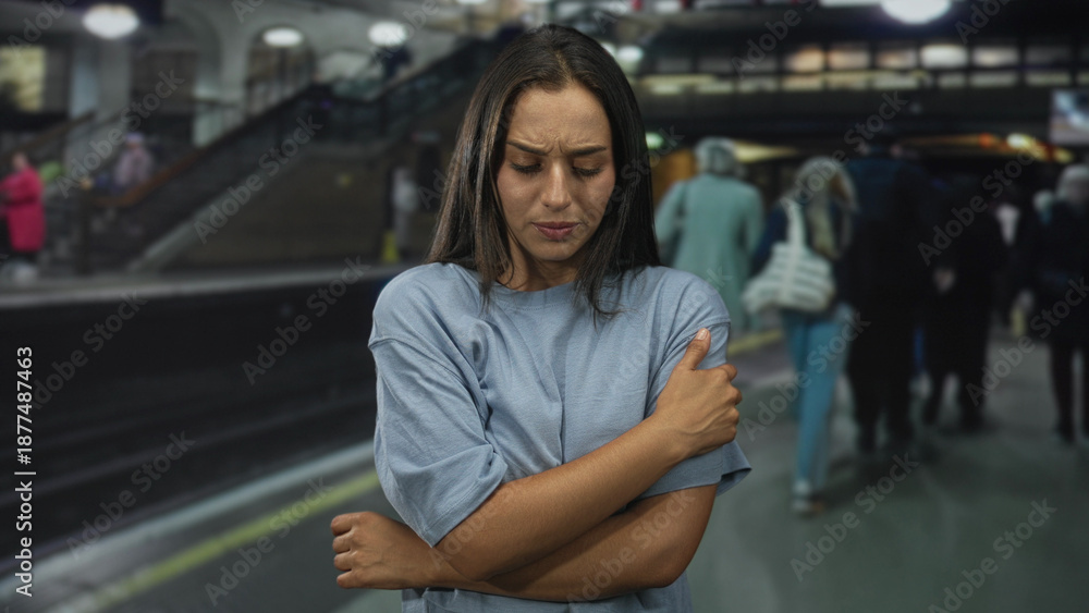 Fototapeta premium Woman holding bare shoulder and hugging crossed arms on crowded train platform inside building; distress.