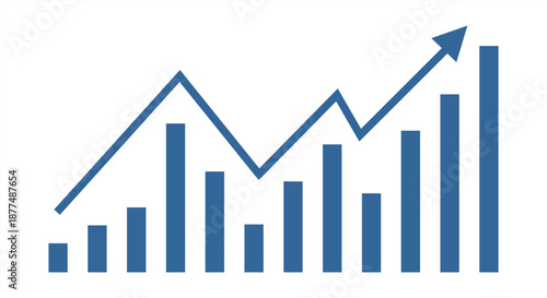 Business bar chart with a line graph showing market fluctuations and a final strong upward trend arrow. Professional blue vector for financial data analysis and growth forecasting.