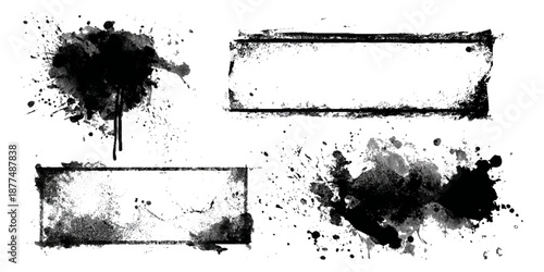 Abstract black ink paint grunge brush stroke border set background. grungy rough brushstrokes splatter stains dirty textured and transparent background vector collection.