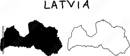 Minimalist map of Latvia showing black silhouette and clean outline on white background, perfect for geography, travel, education, and design use. now
