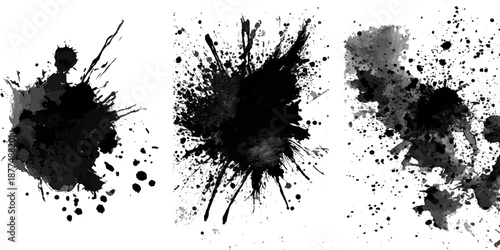 Abstract black ink paint grunge brush stroke border set background. grungy rough brushstrokes splatter stains dirty textured and transparent background vector collection.