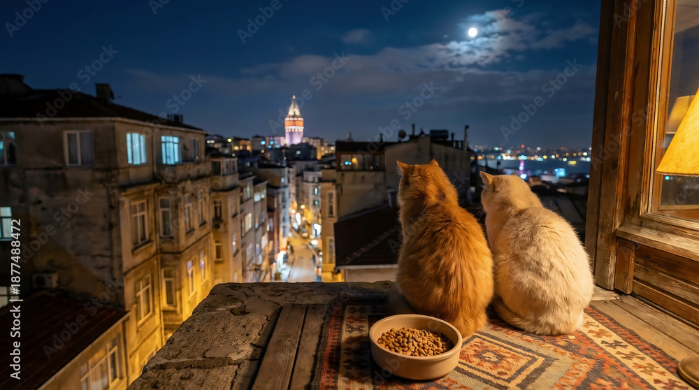 Naklejka premium Two cats sitting on a cozy terrace overlooking Istanbul at night, with glowing city lights and the moon creating a calm, atmospheric urban scene.