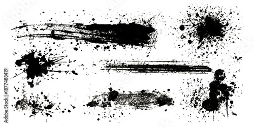 Abstract black ink paint grunge brush stroke border set background. grungy rough brushstrokes splatter stains dirty textured and transparent background vector collection.