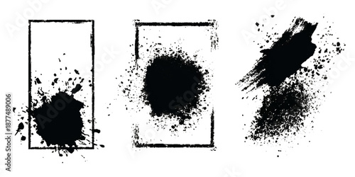 Abstract black ink paint grunge brush stroke border set background. grungy rough brushstrokes splatter stains dirty textured and transparent background vector collection.