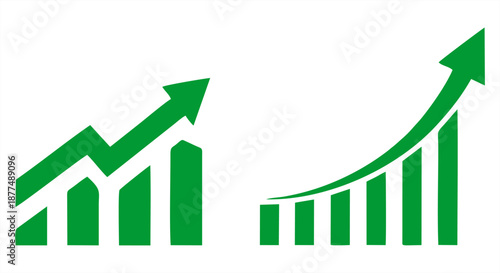 Set of two minimalist green bar chart icons with upward arrows representing business growth, sustainable success, and financial progress. Simple vector symbols for data visualization