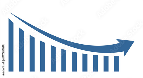 Professional bar chart featuring a downward curve that transitions into an upward arrow, symbolizing business recovery and market rebound. Minimalist blue vector for data analysis.