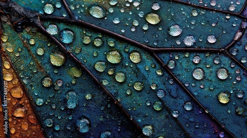 Ephemeral Jewels: A close-up view reveals iridescent butterfly wing, adorned with glistening water droplets, sparkling like scattered gems, against the backdrop of an abstract, nature's art.