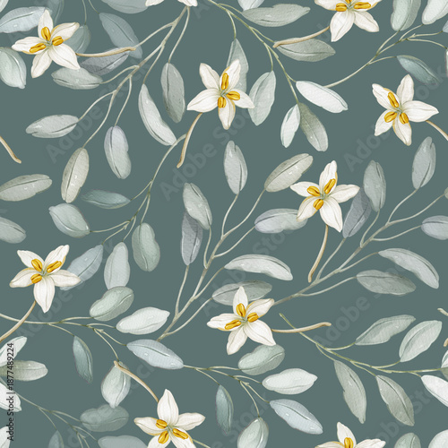 Seamless Watercolor Floral Pattern with Ivory Flowers and Soft Leaves
