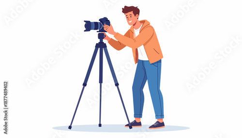 Photographer Using Tripod in a Studio Environment