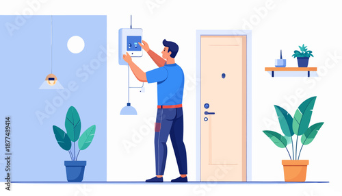 Man Adjusting Control Panel in Modern Living Room - Digital Illustration