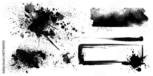 Abstract black ink paint grunge brush stroke border set background. grungy rough brushstrokes splatter stains dirty textured and transparent background vector collection.