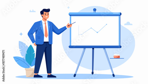 Business Presentation, Professional Man, Office, Illustration, Blue Environment, Front View, Growth Insights