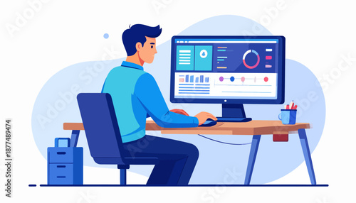 Data Analyst at Work in Modern Office Environment, Digital Illustration