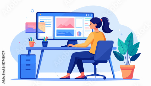 Office Work, Young Woman, Home Office, Illustration, Digital Environment, Side View, Remote Productivity Concept