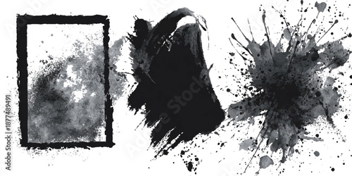 Abstract black ink paint grunge brush stroke border set background. grungy rough brushstrokes splatter stains dirty textured and transparent background vector collection.