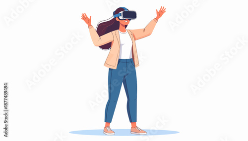 Virtual Reality Experience, Woman, Indoor Space, Illustration, Engaging Environment, Full-Body View, Excitement and Technology