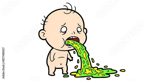 A cartoon baby vomiting green liquid on the floor, viewed from the side in a simple illustration style